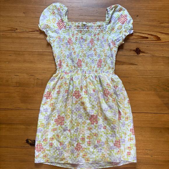 LOFT pastel floral smocked short sleeve puff sleeve midi dress SIZE L - Picture 2 of 7